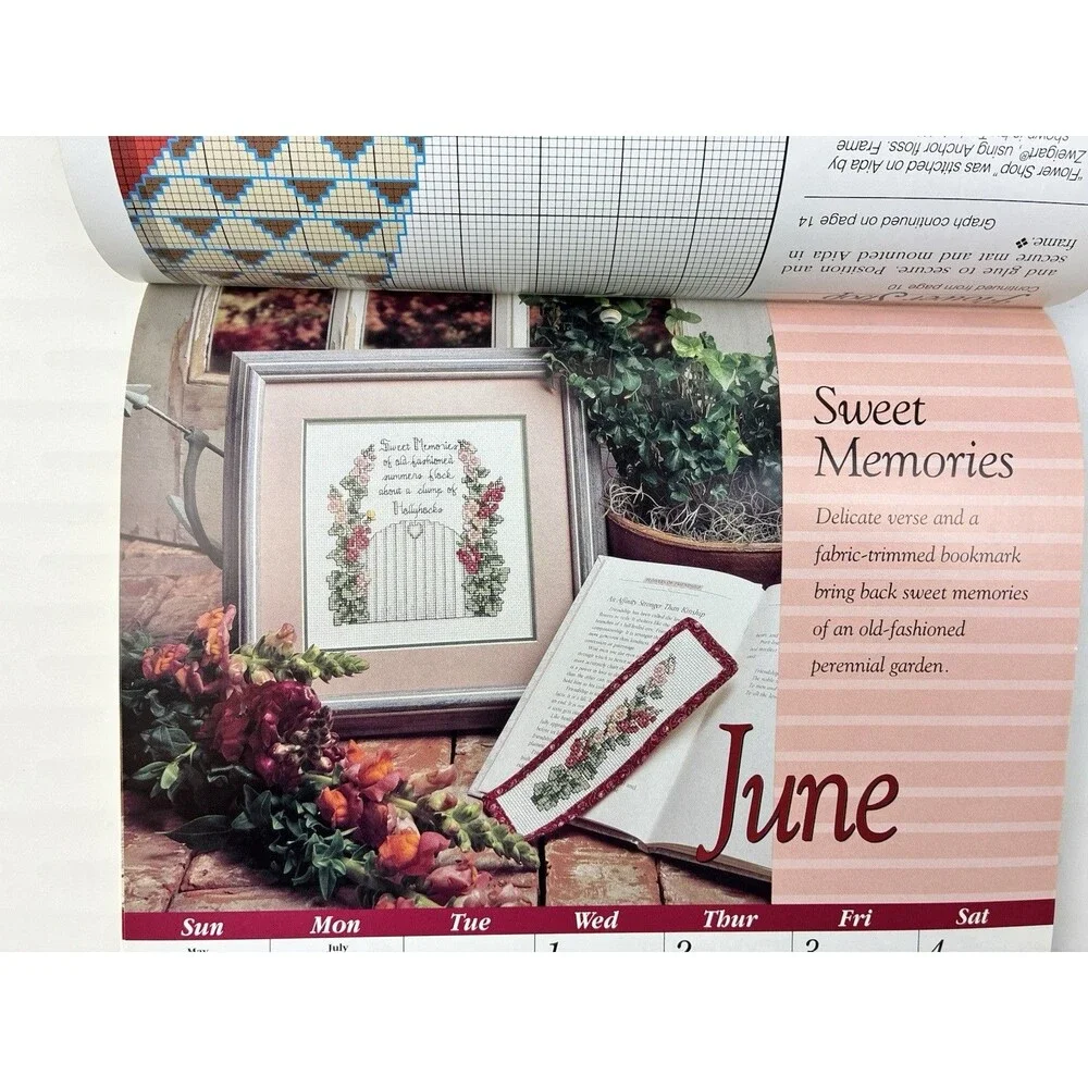 Calendar Cross Stitch 12 Patterns 1994 Rose Cat Daffodil Ballerina Car USA Bear